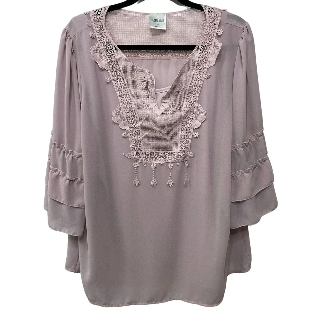 Bedford Fair Mauve Crochet Lace Ruffle Sleeve Blouse Camisole 1X Boho Rose 2 pc